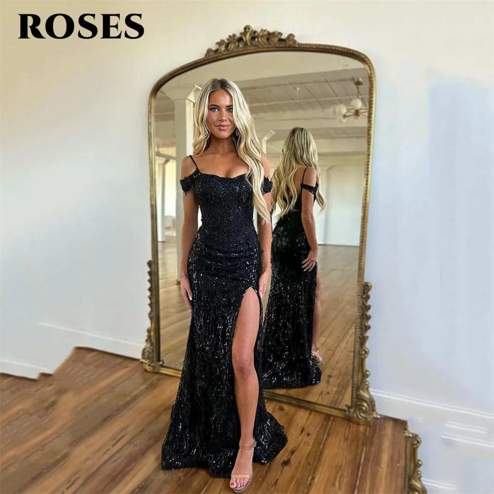 

ROSES Sequined Black Mermaid Prom Dresses Off The Shoulder Robe De Soirée Side Split Evening Dresses Sweep Train Formal Dresses