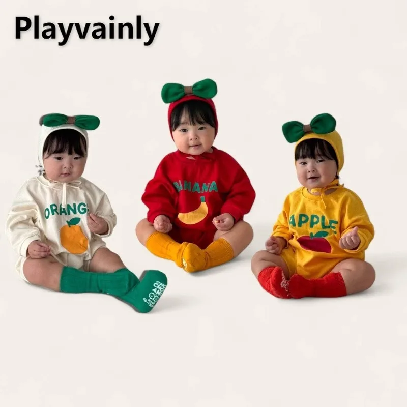 

Осенне-зимний наряд для новорожденных 925, милый комбинезон с фруктовым принтом, бежевый, красный, желтый, одинаковая шапка, комбинезон на день рождения для малышей A8189