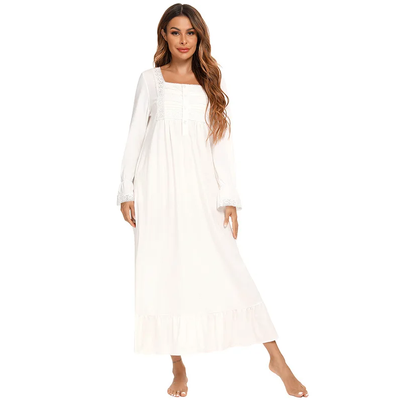 

Summer Women Nightgowns White Cotton Short Sleeve Nightdress Vintage Long Sleepwear Lace Sexy Nightwear Home Night Dress