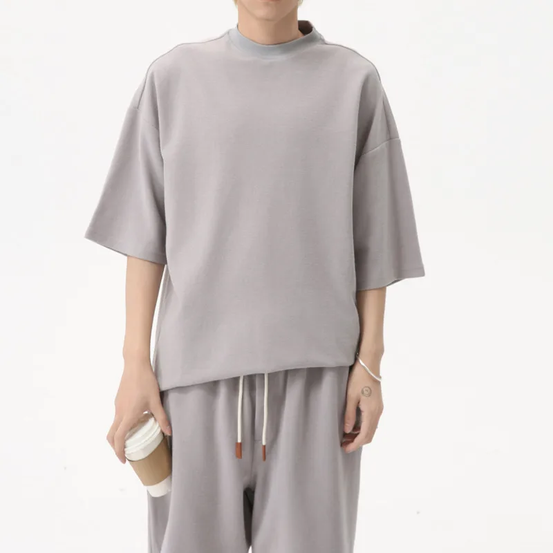 Men's fashion Korean style trend solid color simple relaxation comfortable and versatile sports and leisure short sleeved set