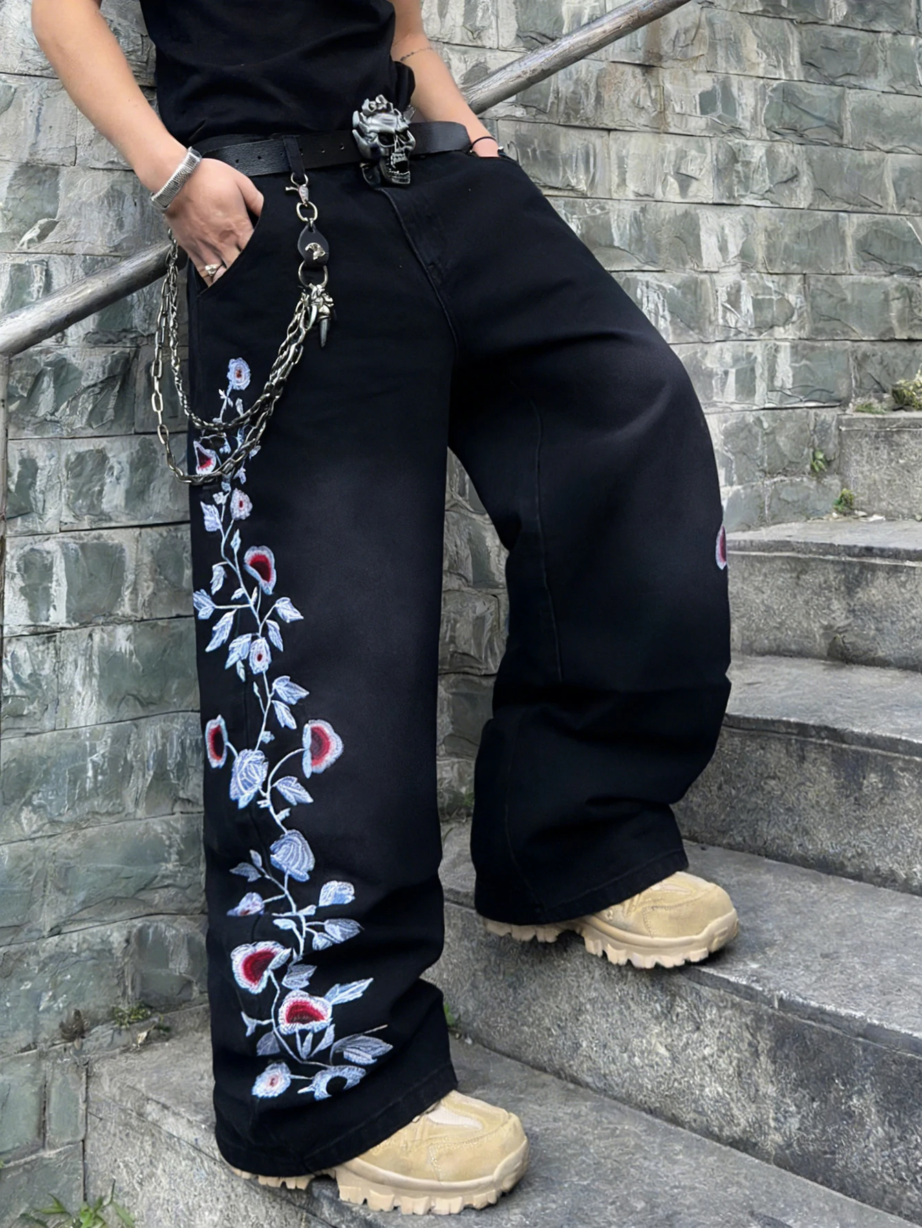 Trendy Floral Embroidered Baggy Men's Jeans, Stylish Black Retro Wide-Leg Pants, Pear Blossom Pattern, No Belt/Accessories