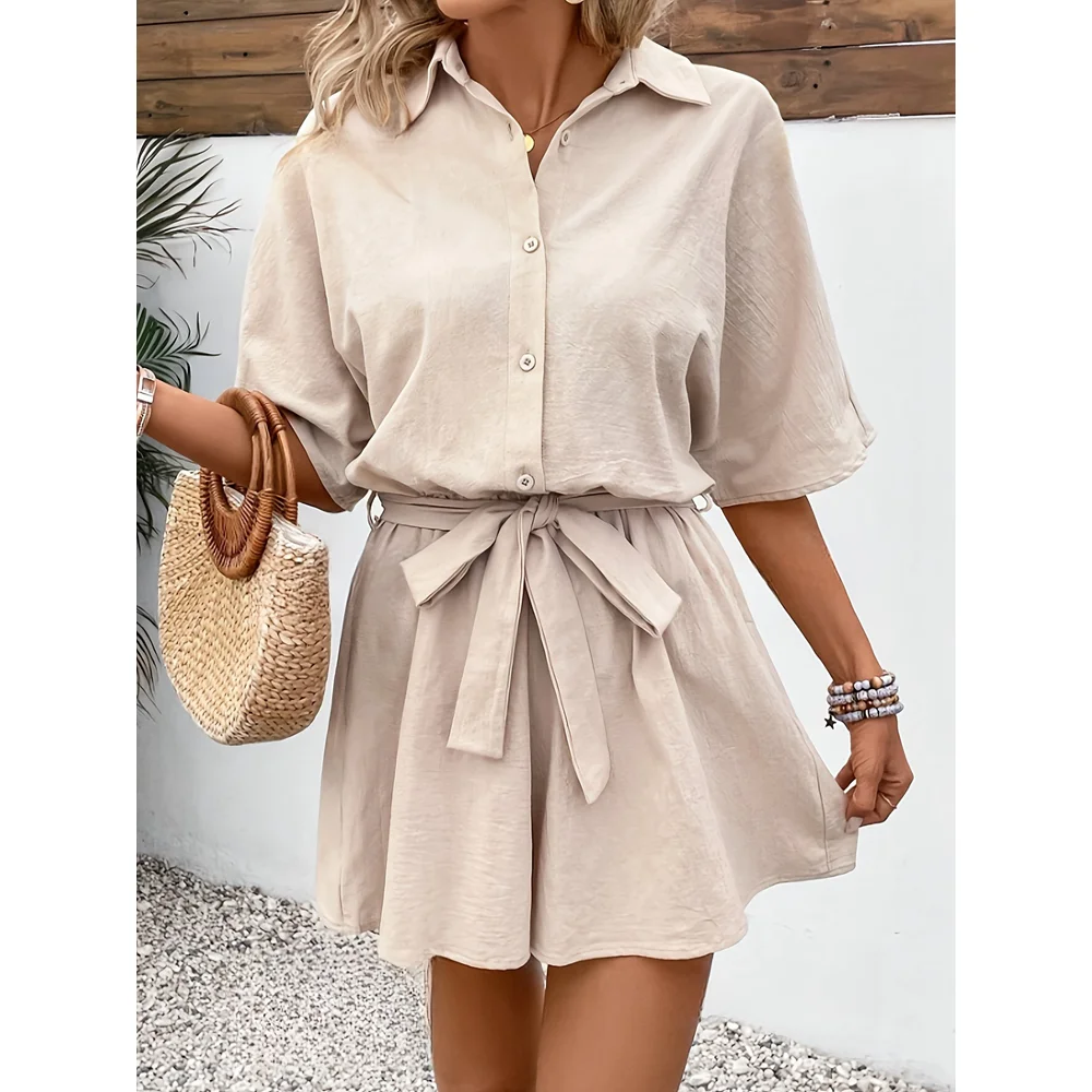 2025 Women Half Sleeve Lace-up Waist Ruched Short Jumpsuit Casual Button Front Turn-down Collar Romper Summer Fashion Outfits