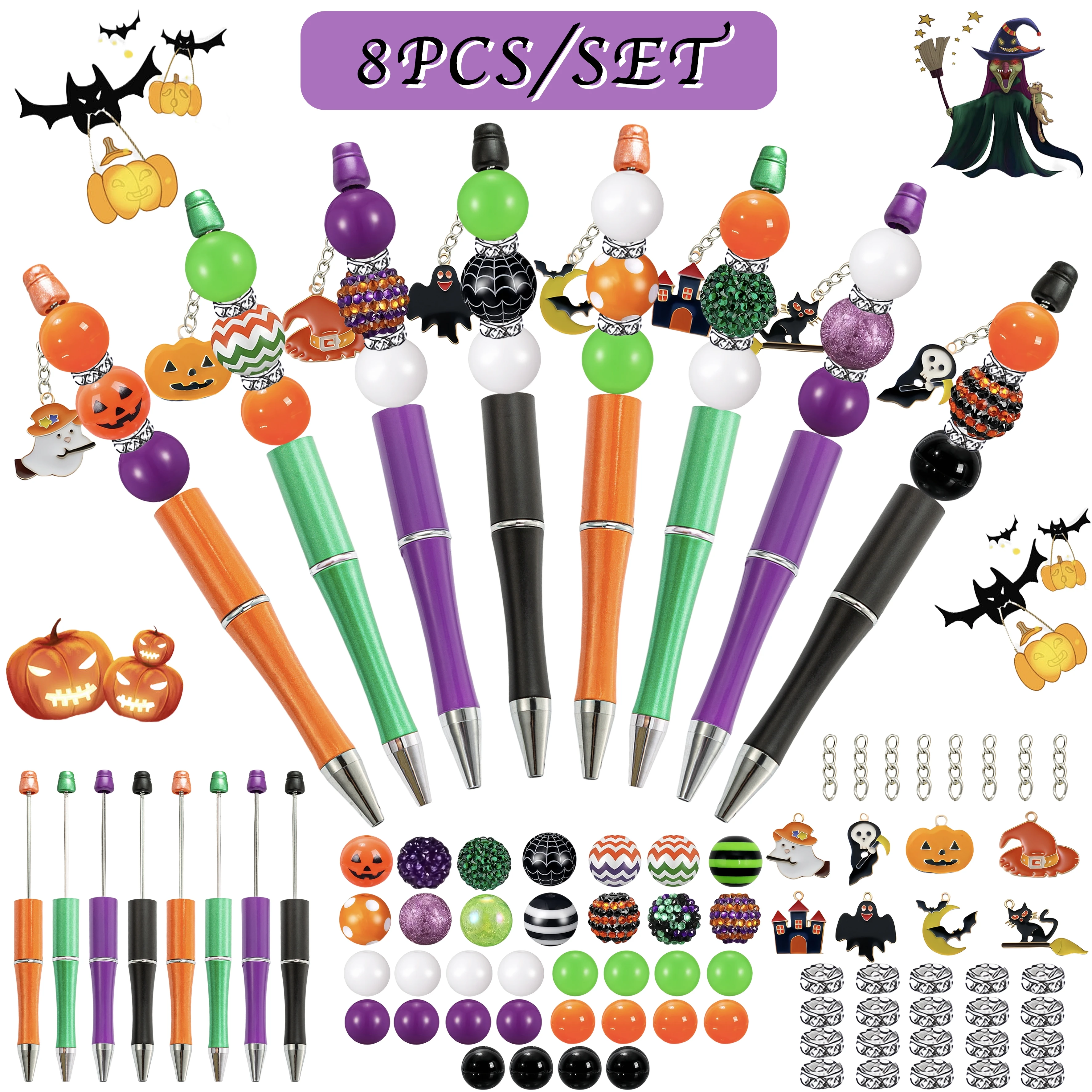 

8 шт. черный, фиолетовый, оранжевый, зеленый, тыква, замок дьявола на Хэллоуин, летучая мышь, тематическая шариковая ручка из бисера «сделай сам», акриловая бусина и подвески-подвески
