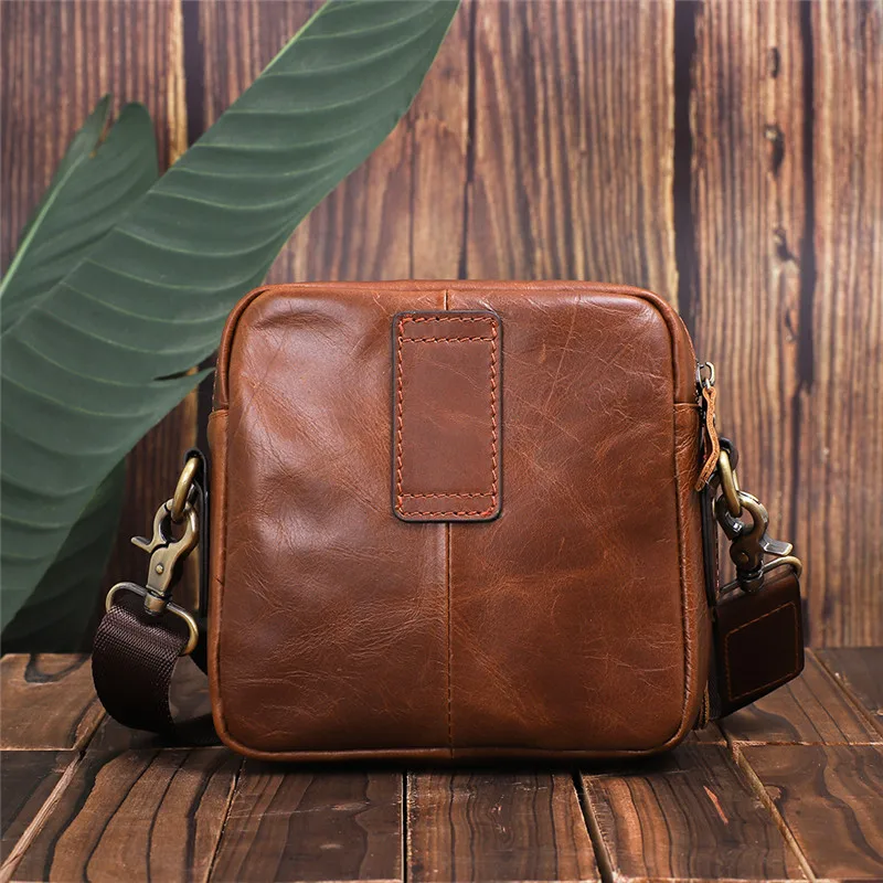 Vintage Brown Men's Waist Packs Genuine Cowhide Leather Leisure Crossbody Shoulder Square Bag 2024 Double Zipper Belt Purse