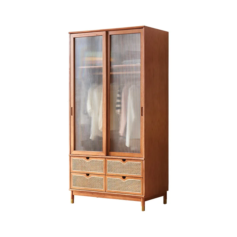 

Solid wood glass cabinet door bedroom household small apartment with drawers rattan wardrobe