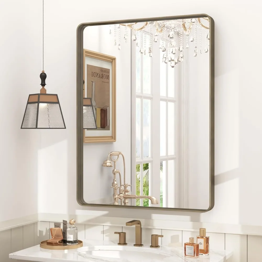 Miroir de salle de bain en bronze 24x32 avec cadre rectangulaire arrondi, finition brossée, mural pour suspension horizontale ou verticale