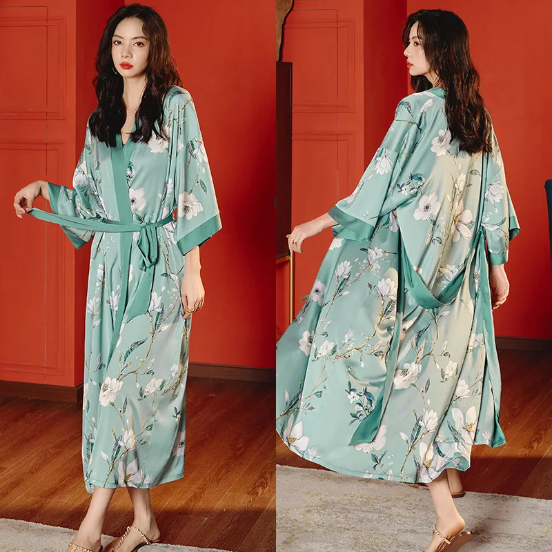 Women\'s Kimono Sexy Silk Pajamas Robe Bath Gown Nightgown Summer Casual Home Dress Flower Printed Sleepwear Nightwear Bathrobe