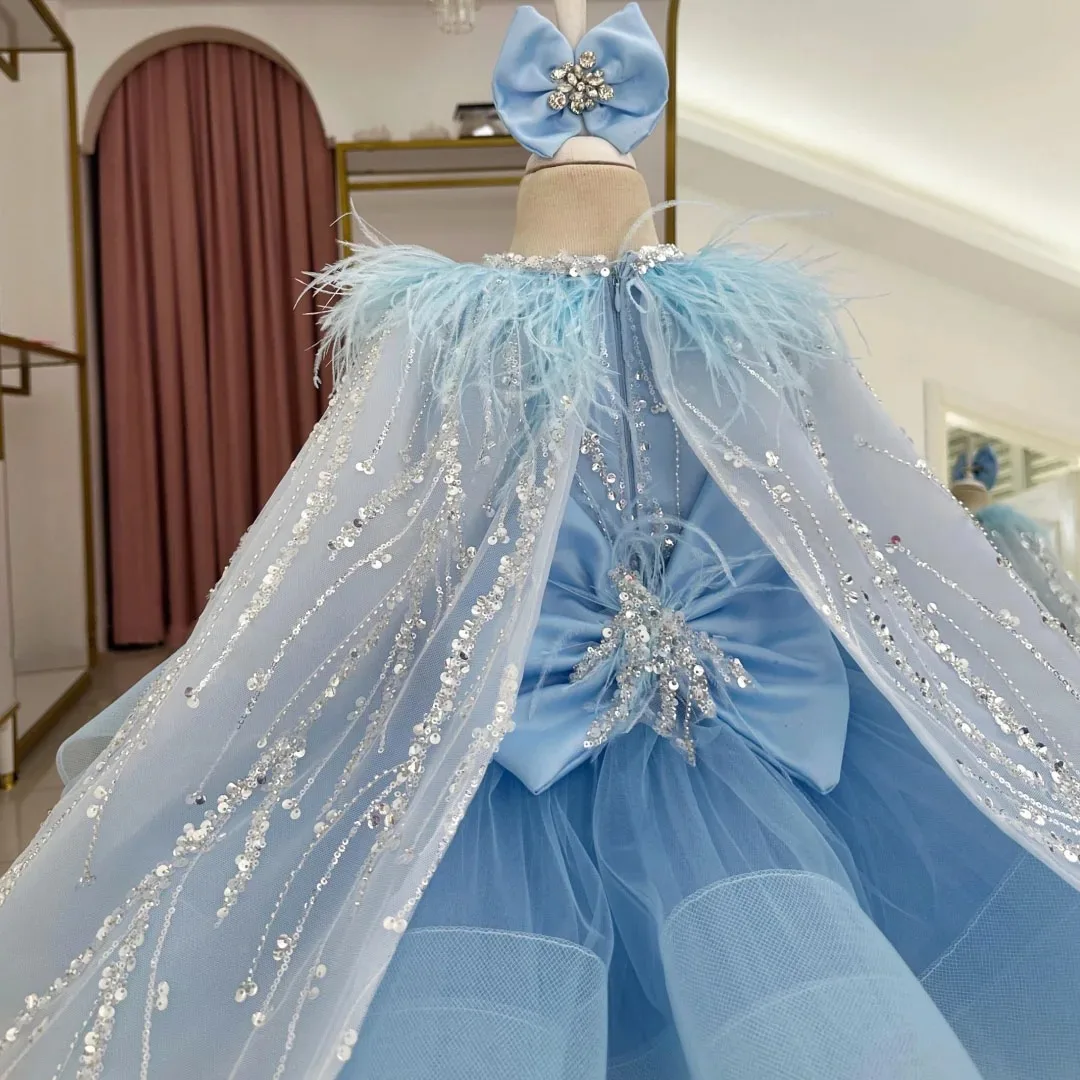 ラベンダーフラワーガールドレス 結婚式用 スパンコール フェザーガール 誕生日ドレス 写真撮影用 初聖体ドレス カスタマイズ