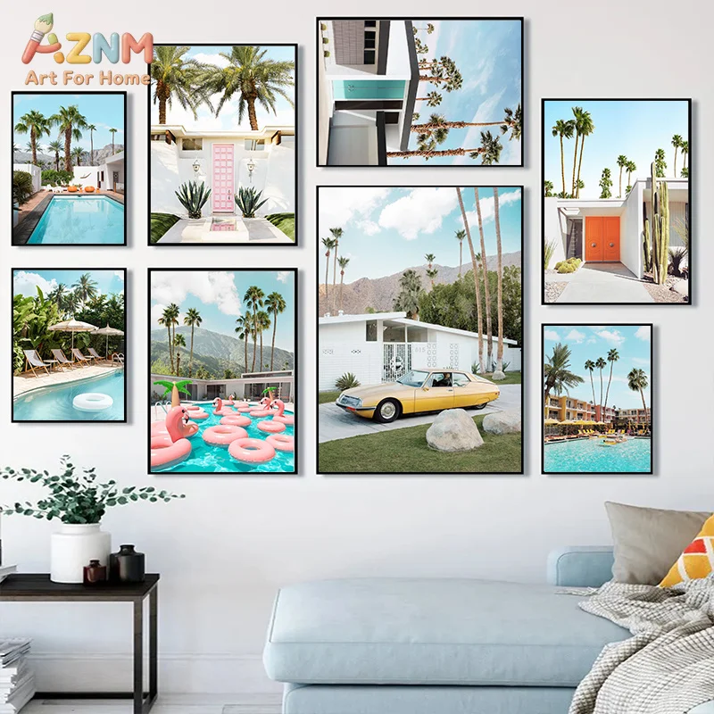 AZNM Palm Springs Summer Canvas Wall Art Pool Flamingo Vintage Car Tropical Scenery Print Modern Holiday Home Decor Unframed