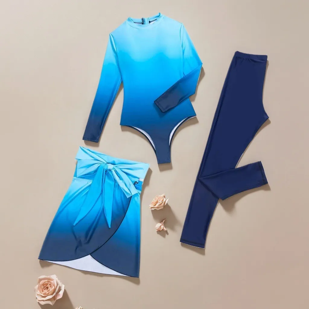 Blue Long Sleeve Swimsuit High Neck Wrap Skirt Swimwear Tie Front Bathing Suit Green Leggings Solid Color Slim Fit Swimming view 2