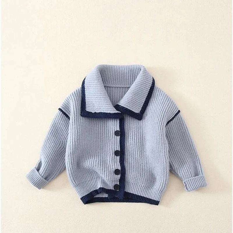 Autumn Sailor Baby Coat Cute Navy Large Lapel Knitted Cardigan Single Breasted Infant Boys Solid Cotton Toddler Sweater Winter