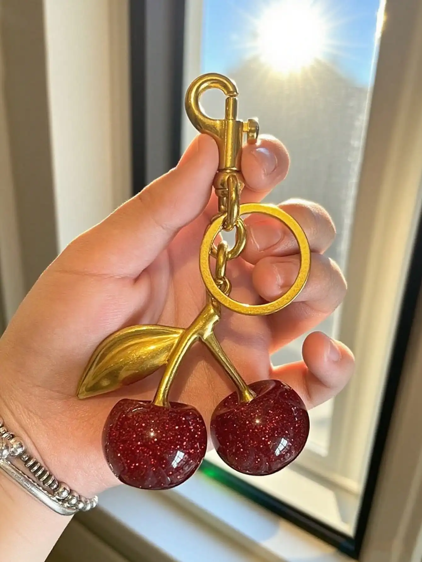 1pc Shiny Cherry Shaped Pendant Keychain, Buckle Decor Bag Accessory For Women Handbags, Jewelry Gift