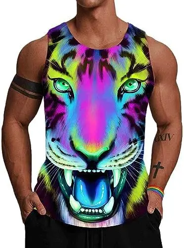 Fashion Tiger Rainbow Tie-Dye Tank Tops 3D Print Men Oversized Fitness Gym Vest Harajuku Sleeveless Tops Man Streetwear Clothing