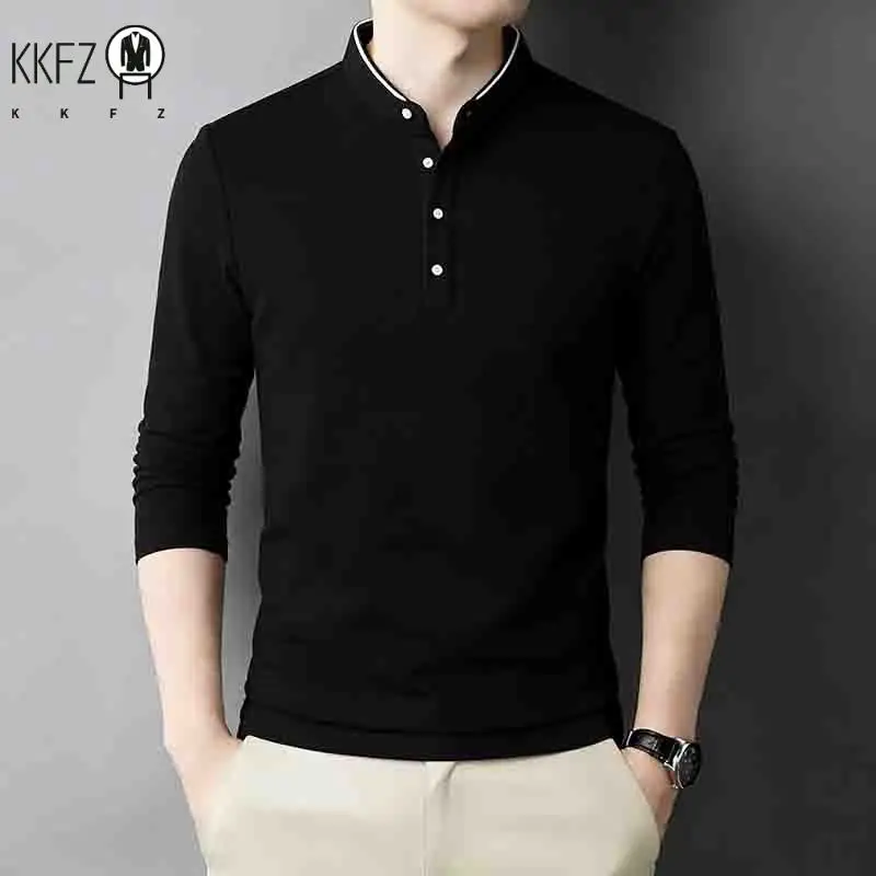 Men's  Stand Collar Polo Shirt Long Sleeve Half Button Pocket Detail Casual Tee