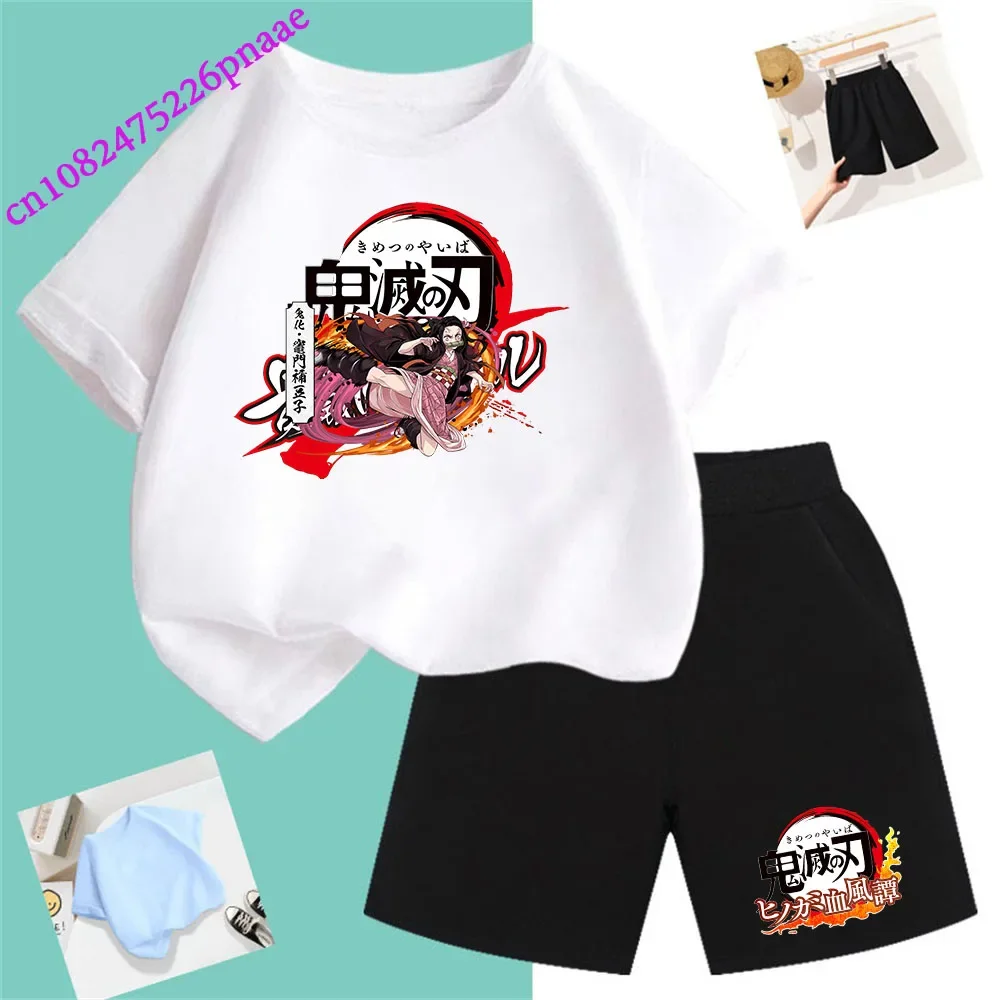 Demon Slayer t shirt Fashion Summerdress2024 Short Kid Short T-shirt Baby Tee Sets Fashion Casual O-neck Breathable KawaiiShorts