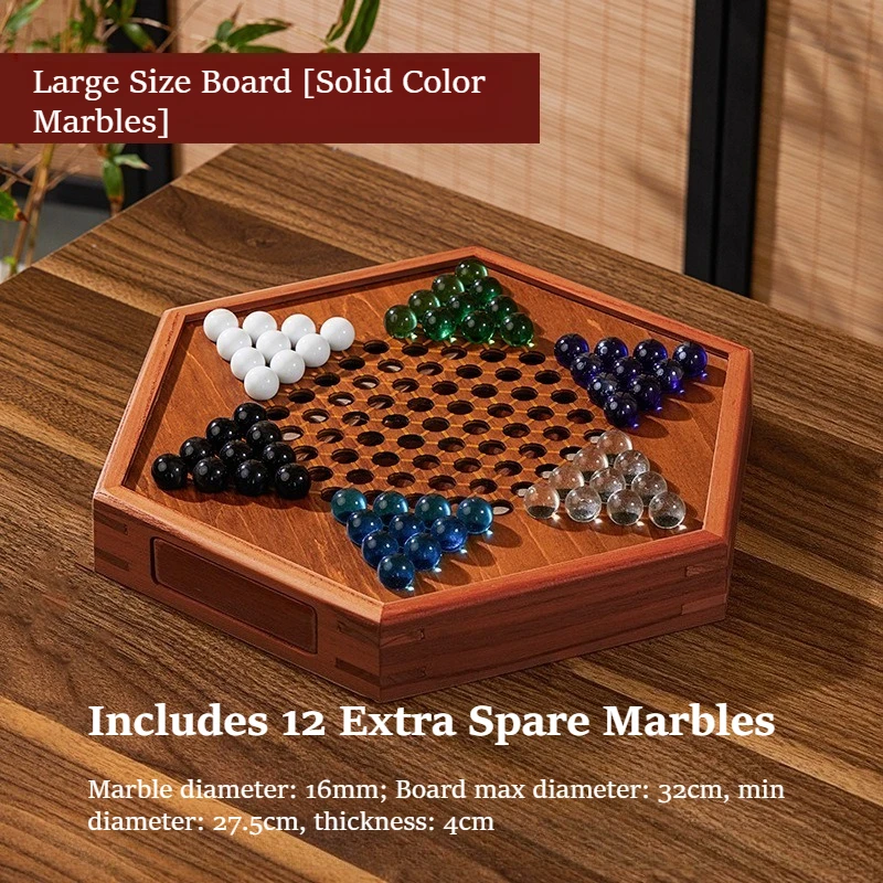 Wooden Chinese Checkers Set with Agate Marbles, 32cm Large Hexagonal Board Game with 12 Spare Marbles for Family Party