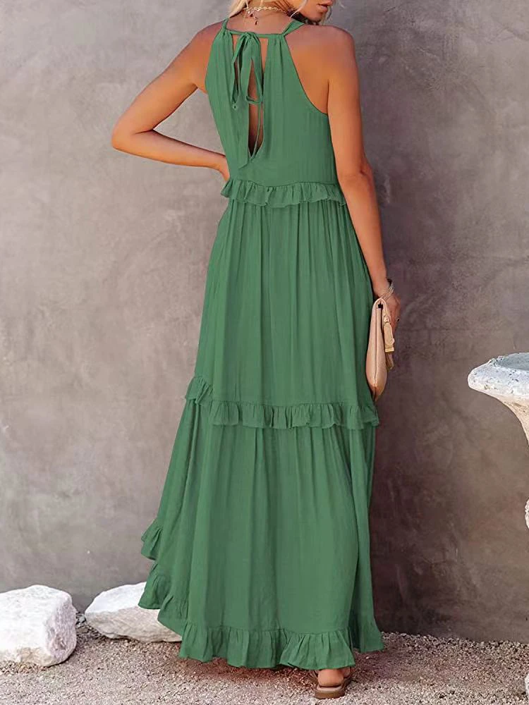 Oversized Solid Long Dress Women Summer Sleeveless Ruffles Hollow Tie-Up Dresses Ladies Elegant Casual Party Beach Maxi Dresses