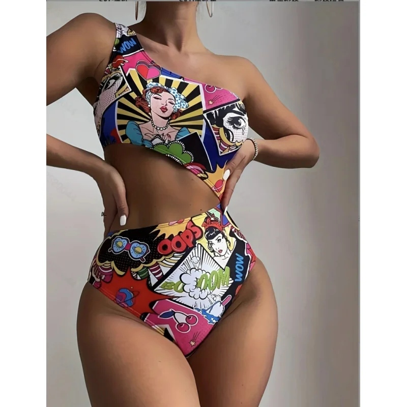 

New European and American Fashion Sexy One-Shoulder Cartoon Print One-Piece Women's Dress