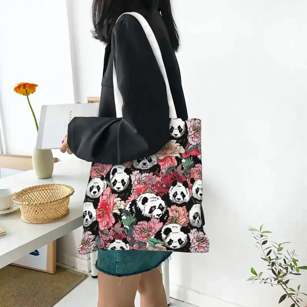 Because Panda Flower Canvas Tote Handbag Bear Cute Animal Shoulder Bags Large Capacity Shopping Bags for Unisex