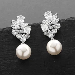 Huitan Bridal Wedding Earrings Brilliant CZ with Imitation Pearl Silver Color Bling Bling Drop Earrings for Women Trendy Jewelry