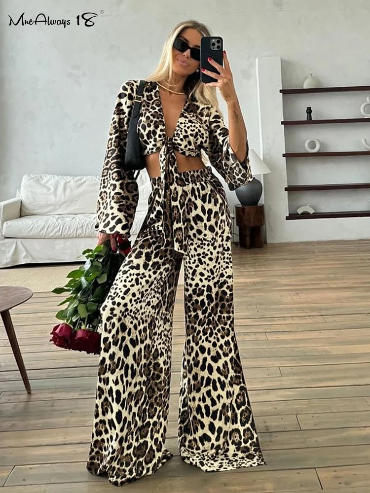 Mnealways18 Leopard Print Lace-Up Sexy Pants Sets Women Wide Legs Pants Causal Two Pieces Sets Cheetah Flare Summer Autumn 2024