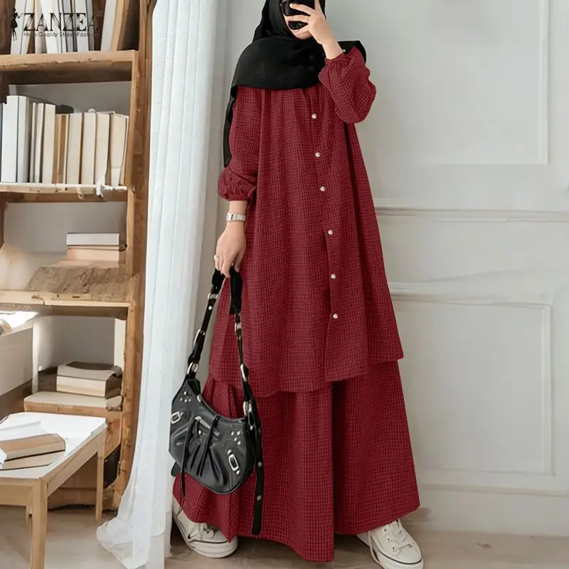 

Комплект ZANZEA 2026: мусульманский костюм из 2 предметов, длинное платье-рубашка, хиджаб, спортивный костюм оверсайз в клетку, женский наряд с длинными рукавами, топ-кафтан и юбка