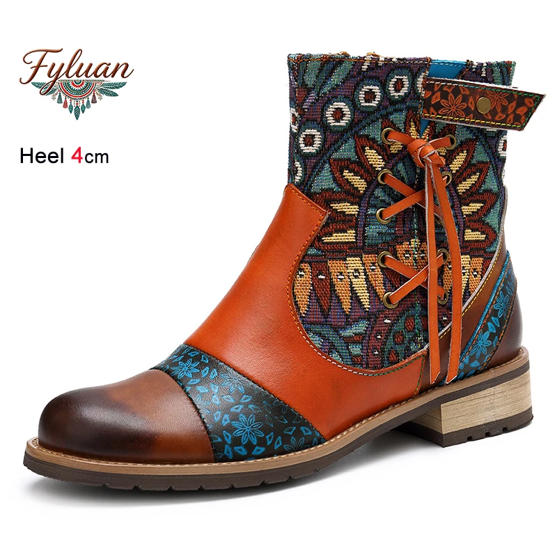 

Spring Autumn Tassel Retro Printed Women's Mid-Calf Boots Thick Soft Bottom Heels 4cm Zipper Jacquard Ladies Pumps Casual Shoes