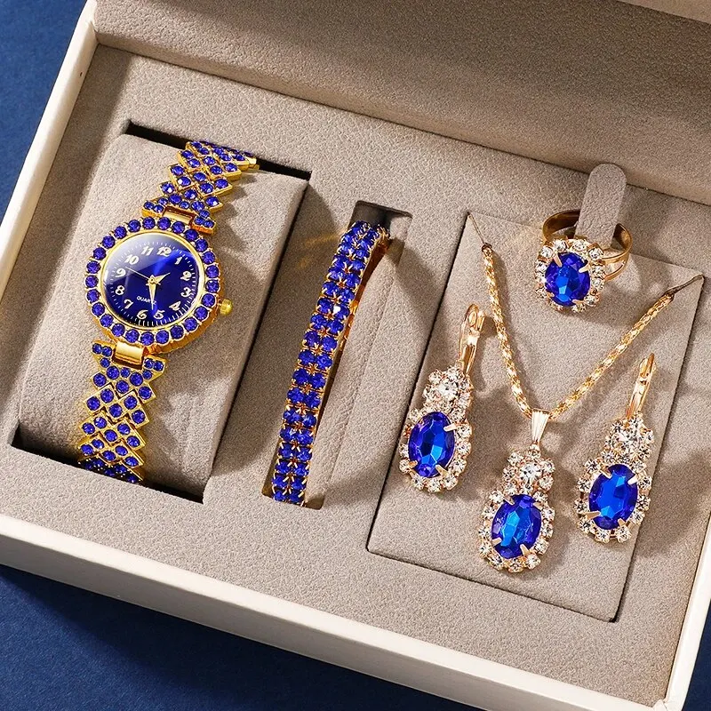 6PCS Set Gold Blue Luxury Watch Women Ring Necklace Earring Rhinestone Fashion Wristwatch Casual Ladies Bracelet Watches