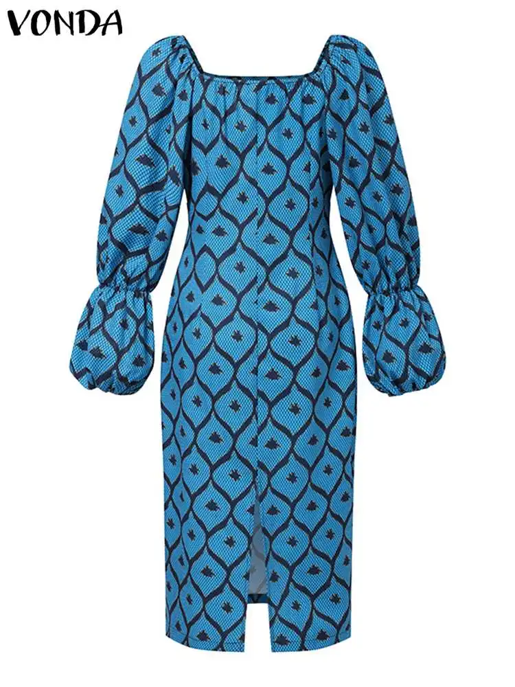 Plus Size 5XL VONDA Bohemian Midi Dress Autumn Women Long Lantern Sleeve Printed Sundress Square Collar Elegant Party Vestidos