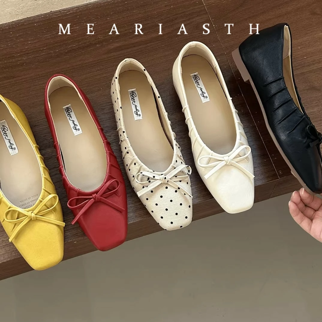 

Square Toe Bowtie Ballet Shoes Ladies Flock Flats Soft Comfy Slip On Loafers Woman Shallow Barefoot Mocasines Femme Brides Shoes