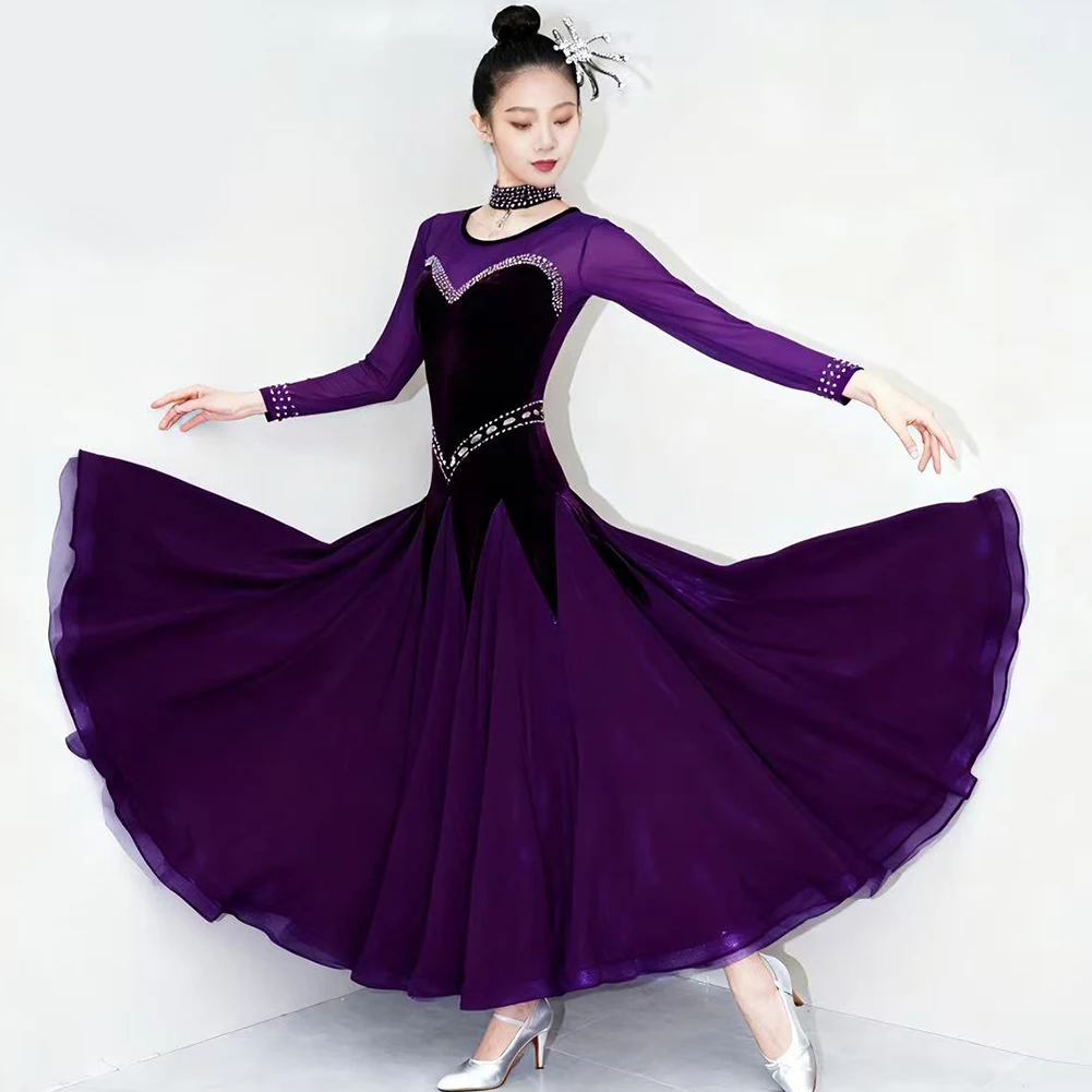 

High Quality Modern Dance Deep Purple Competition Long Sleeve Dress Round Neck Ballroom Dance New Dress Velvet Rhinestone Waltz
