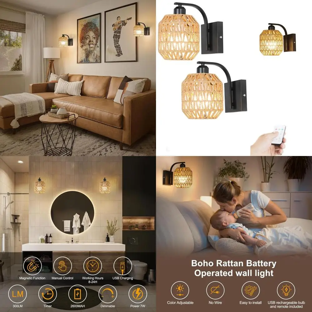 

Wireless Boho Rattan Wall Sconces Set of 2, Black Battery-Powered Dimmable Lights with Remote, Cordless Fixtures for Home Decor