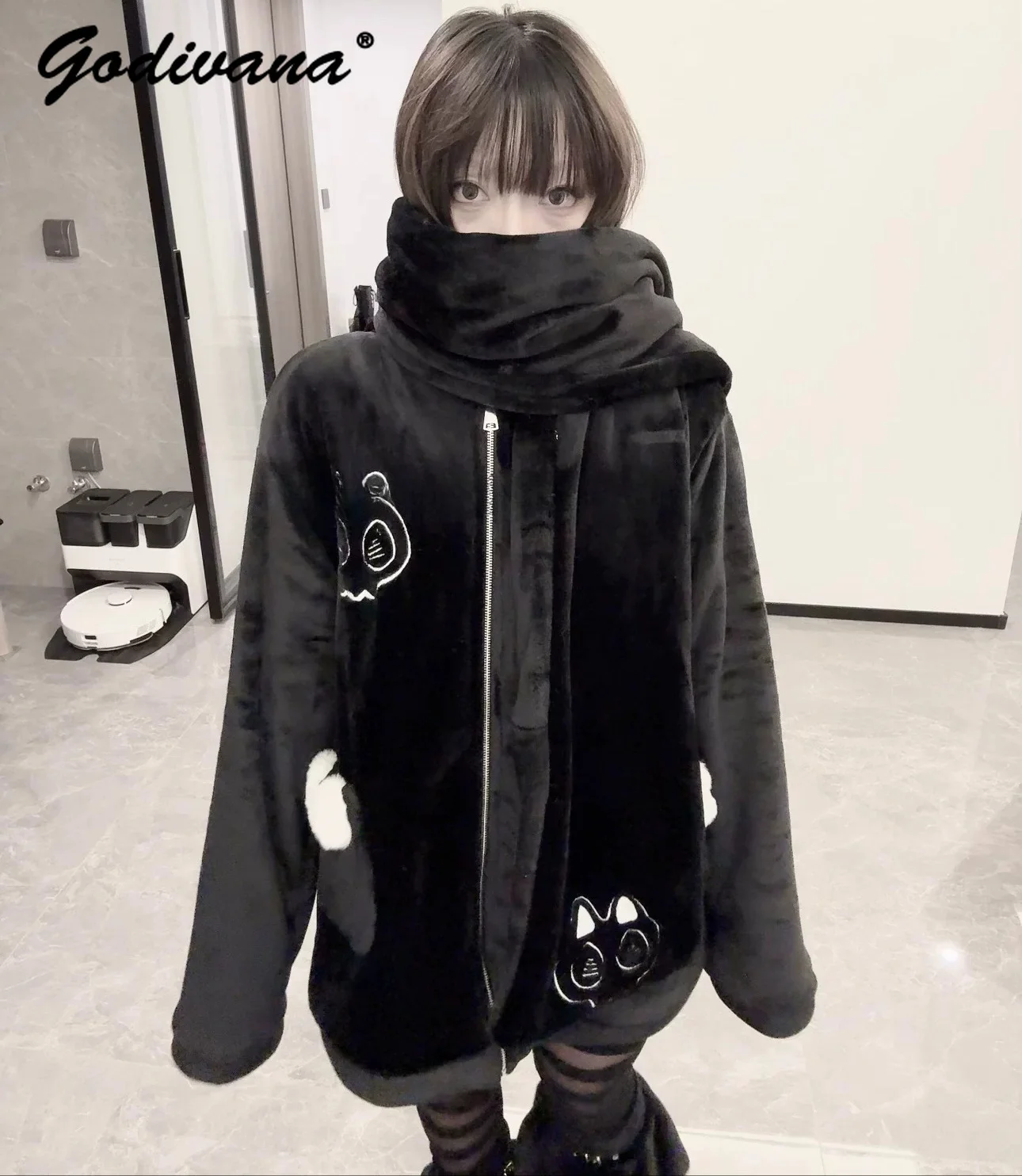 Cute Cat Bone Outwear Original New Winter Fleece-lined Thickened Plush Jacket Subculture Girl Women's Cat Ears Warm Hooded Coat