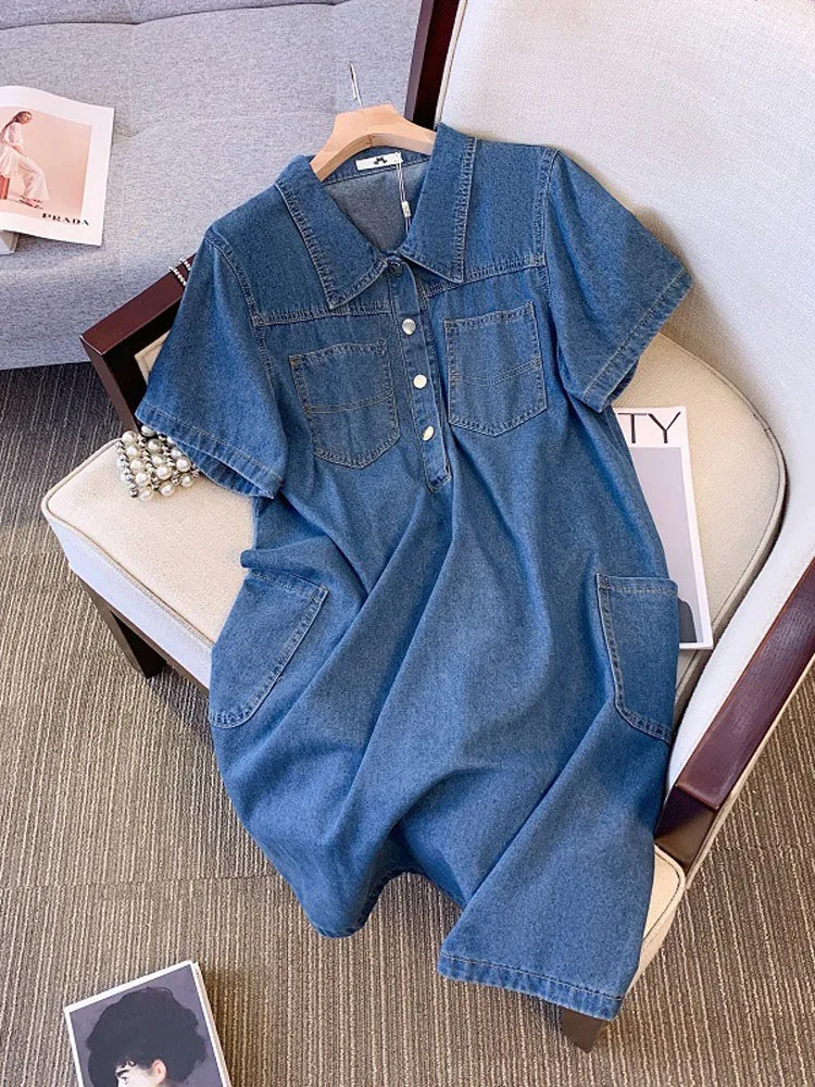Vestido vaquero Vintage holgado de talla grande para mujer, ropa de trabajo con media solapa y botones, 150Kg, 5XL, 6XL, 7XL, 8XL, 9XL