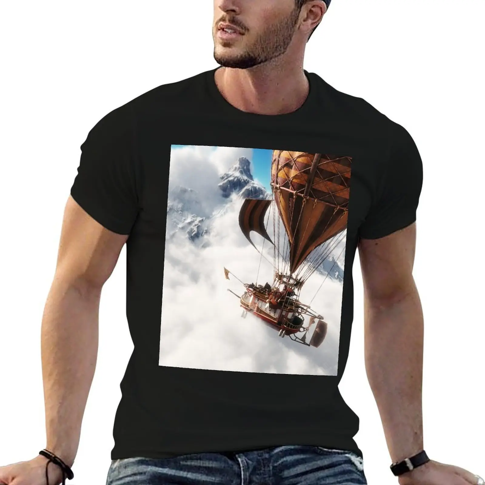 Fantasy concept of a steam powered balloon craft airship sailing through a sea of clouds with snow cap mountains in back T-Shirt