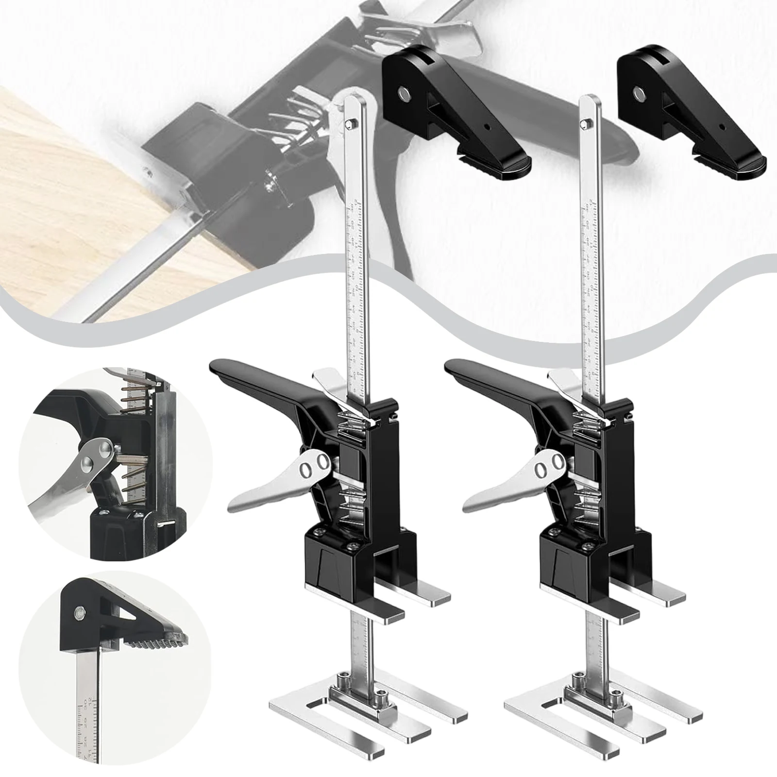 2 leviers de positionnement réglables en hauteur, adaptés à l'installation de portes et fenêtres, au pose de revêtements de sol, au collage de bois, au levage de meubles, à la pose de carrelage et à d'autres applications, sont un alliés idéaux pour l'installation et la manutention.