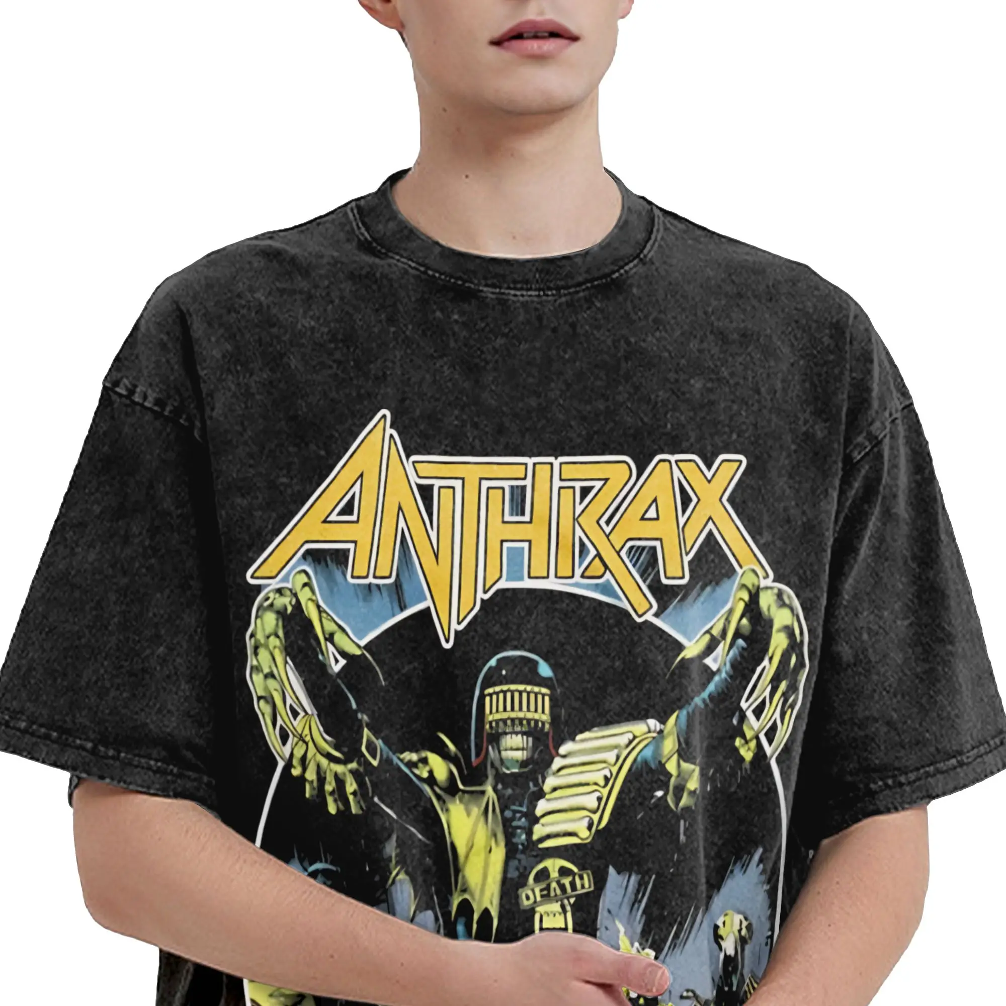 

Humor Anthrax Among The Living T-Shirt for Men Round Neck 100% Cotton Washed T Shirt Short Sleeve Tees Plus Size Clothing