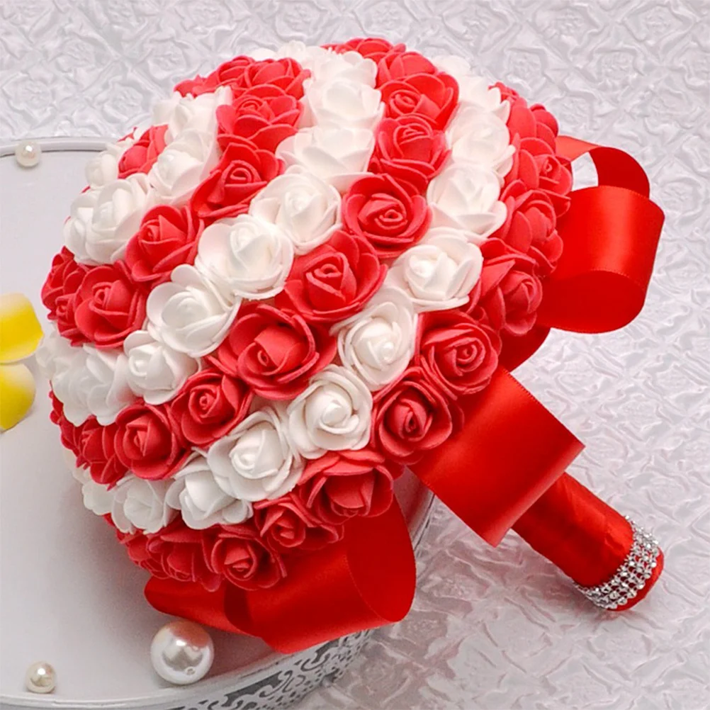 باقة العروس المربوطة يدويًا لون الحلوى المقلد الوردي الرائع من البولي ايثيلين زهرة الزفاف النابضة بالحياة لتزيين مكتب المنزل والعروس