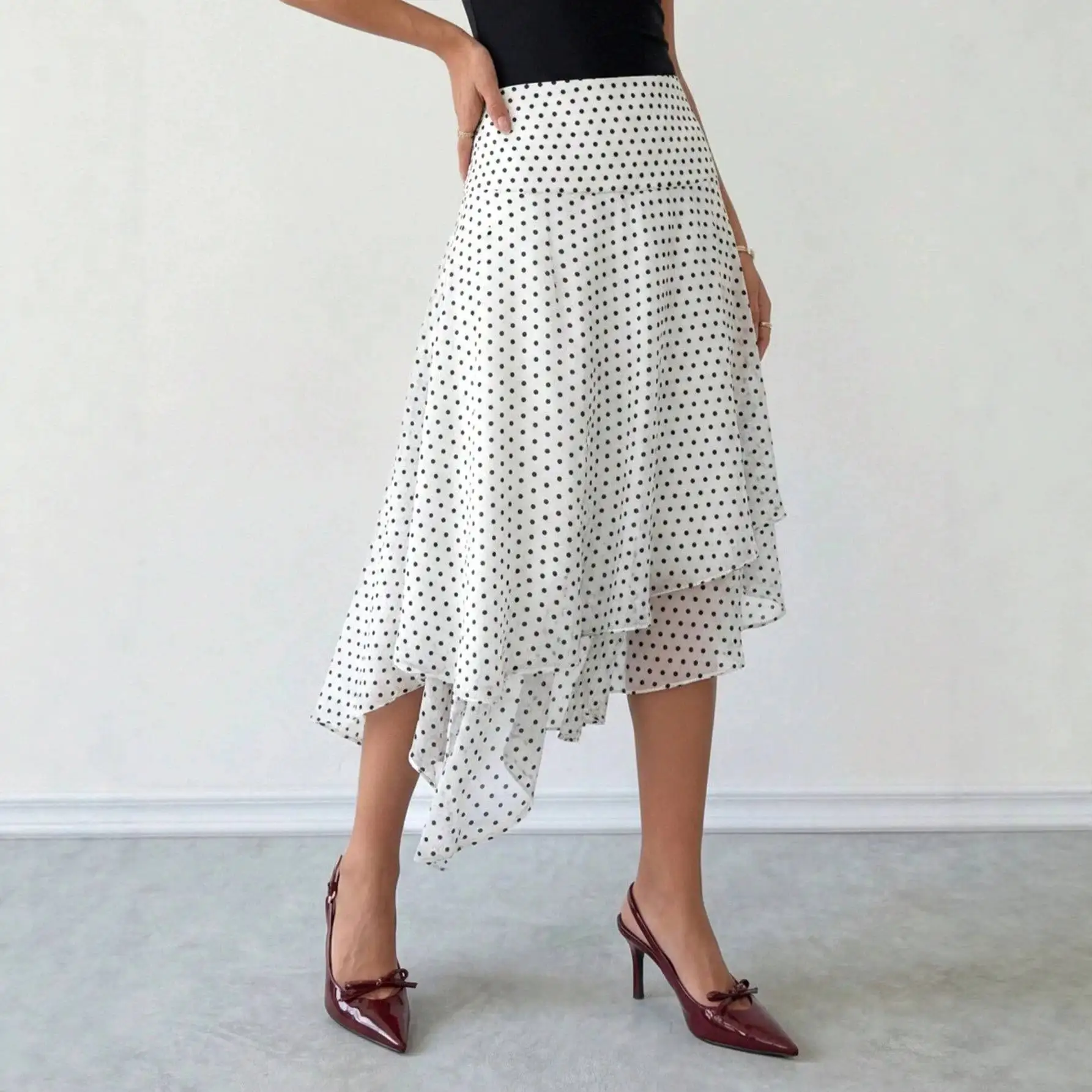 Summer Vintage Polka Dot Print Asymmetrical Midi Skirt Women's Printed Skirt Elegant Style Travel Polyester Fabric A-Line Skirt