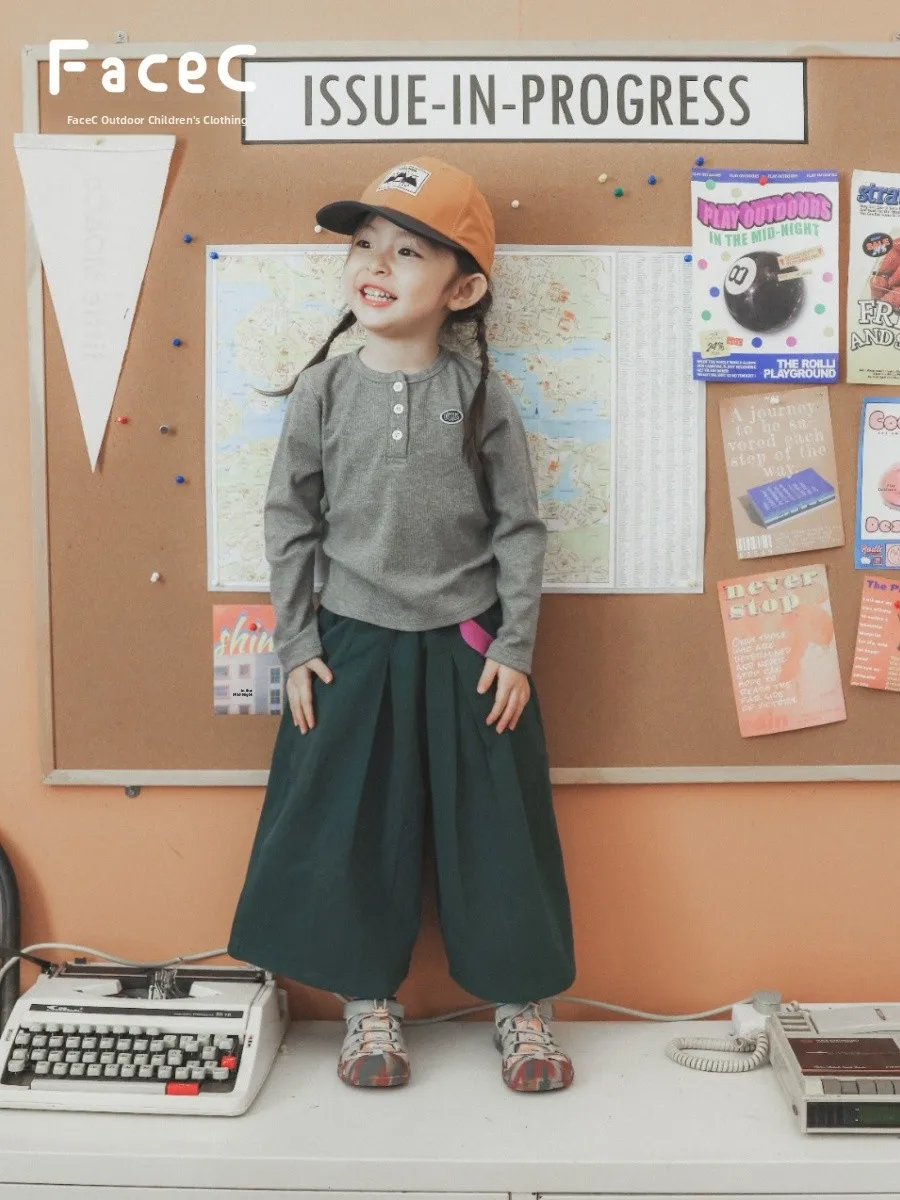 Lightweight Loose Wide Leg Pants Nine Points Spring Autumn Outdoor Long Sleeve T Shirt for Girls Children's Clothing FaceC Brand