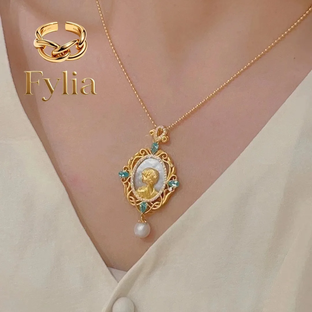 

Fylia Jewelry 9999 24K real gold retro rococo style queen jewelry medieval palace style mother-shell queen pearl necklace earr