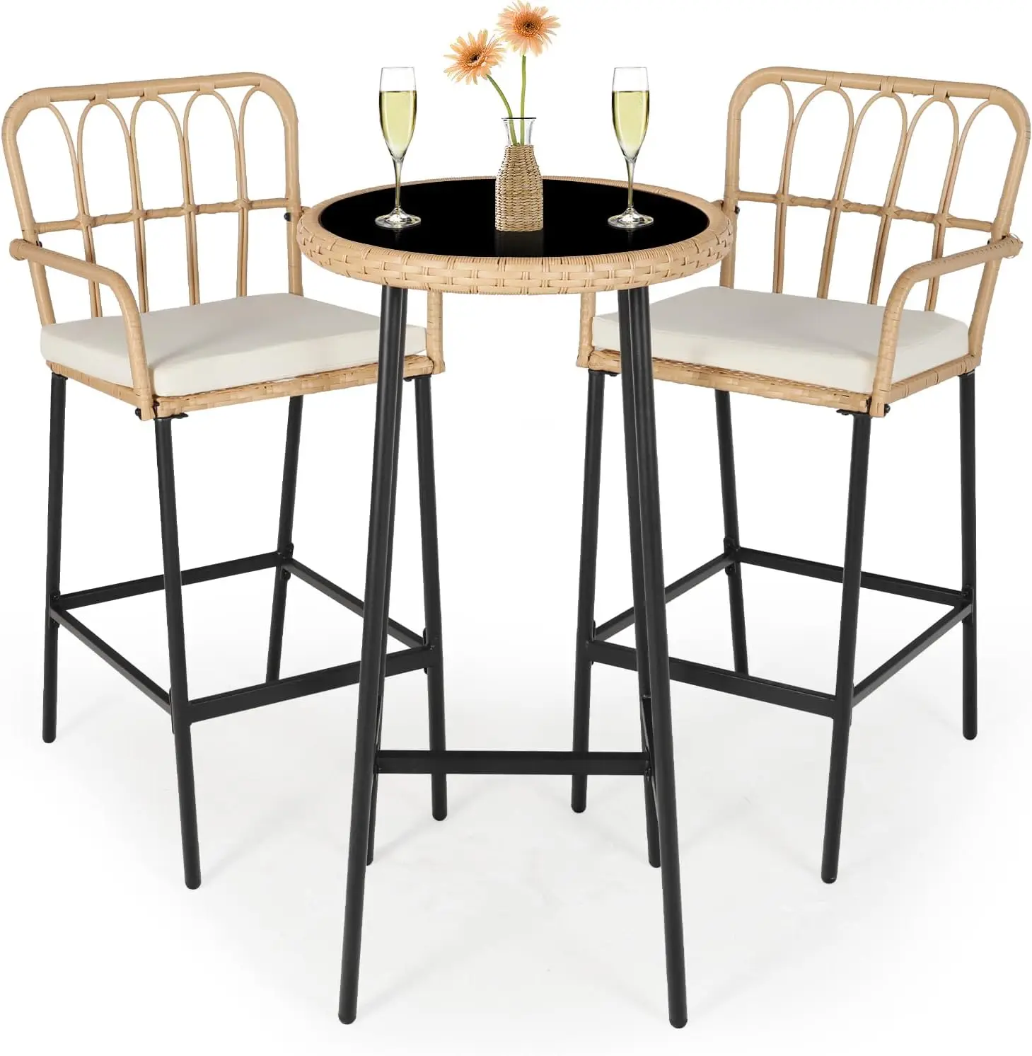 Outdoor 3 Piece Patio Bar Set, Rattan Wicker, with Removable Cushions, for Backyards, Porches