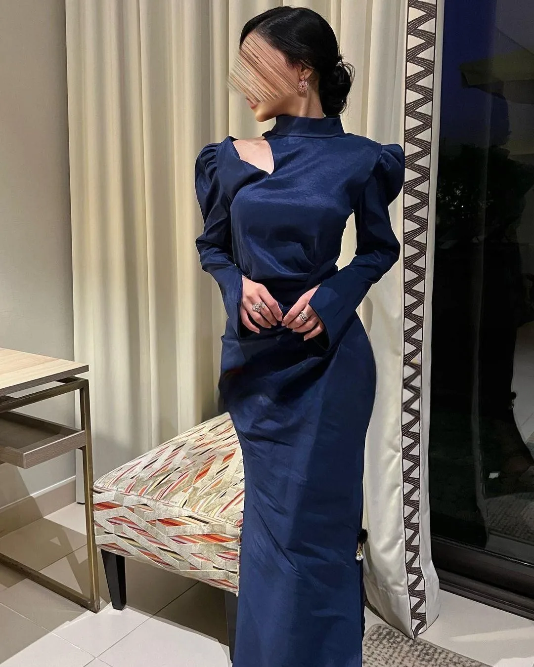 

Carolina High Neck Special Occasion Evening Dresses Long Sleeves Prom Dresses Dark Navy Taffeta Pleated Ankle Length Party Dress