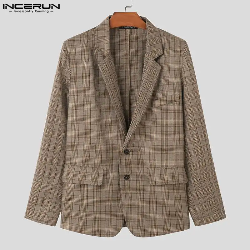 INCERUN Tops 2024 Korean Style Fashion Mens Plaid Texture Design Suit Coats Casual Streetwear Hot Sale Long Sleeved Blazer S-5XL