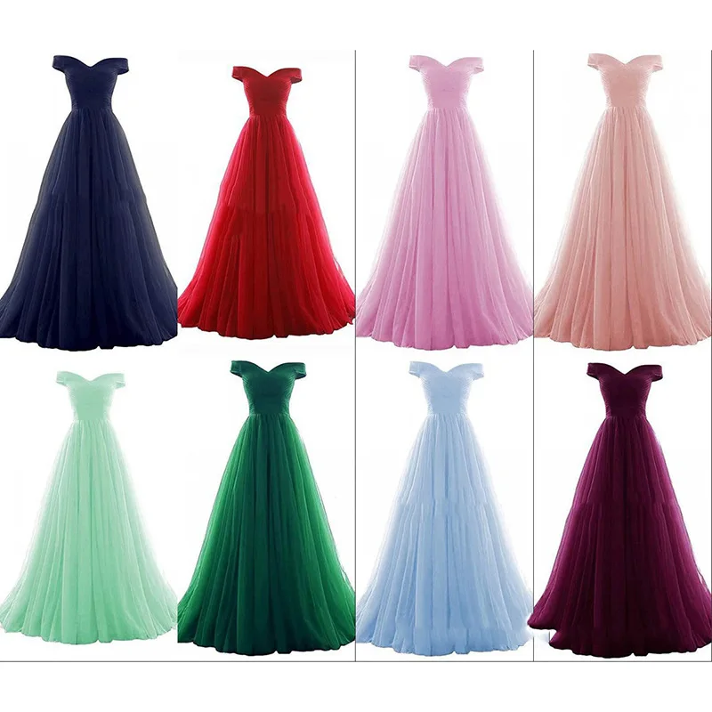 

Candy Color Long Evening Dresses Elegant Off The Shoulder A Line Tulle Robe De Soiree Classic Lace Up Simple Vestido Longo Festa