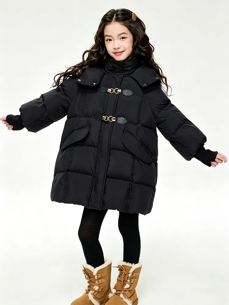 Mädchen Winter Daunenjacke 90% Weiße Entendaunen Mittellange Kapuzenparka Kinder Mädchen Warme Oberbekleidung Winddichter Kindermantel 5-14 Jahre – Detail 9