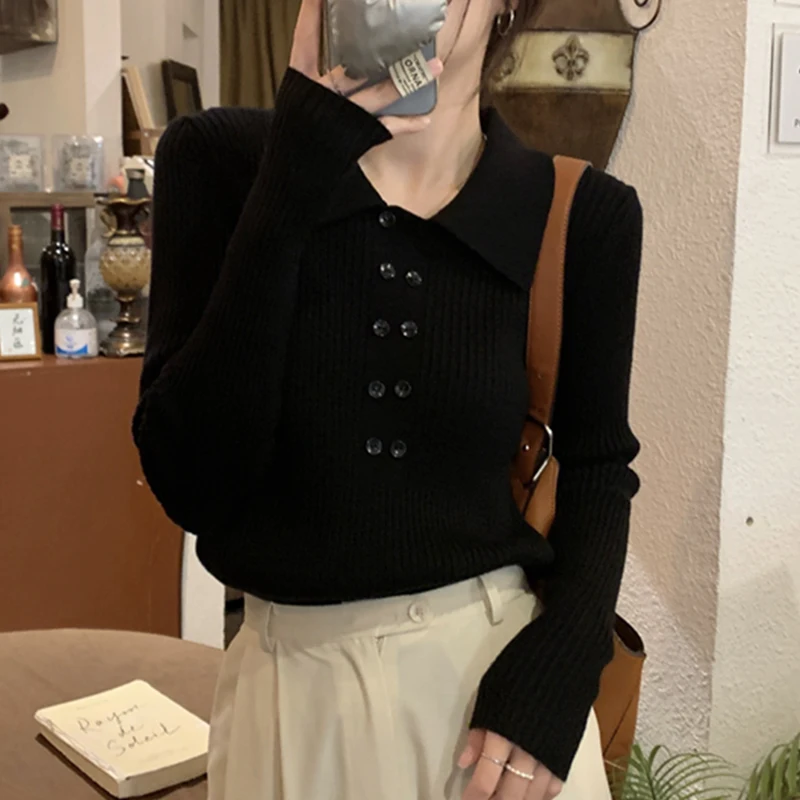 턴 다운 칼라 리브 풀오버 스웨터 여성 가을 ​​겨울 슬림 긴 소매 부드러운 따뜻한 스웨터 숙녀 니트 탑