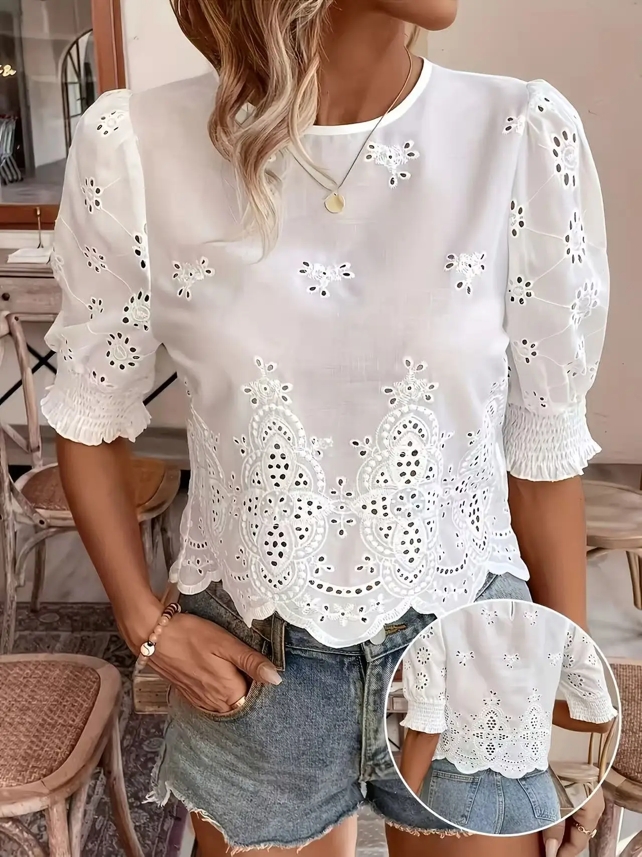 

French White Eyelet Lace Blouse Women, Summer Puff Sleeve Loose Top