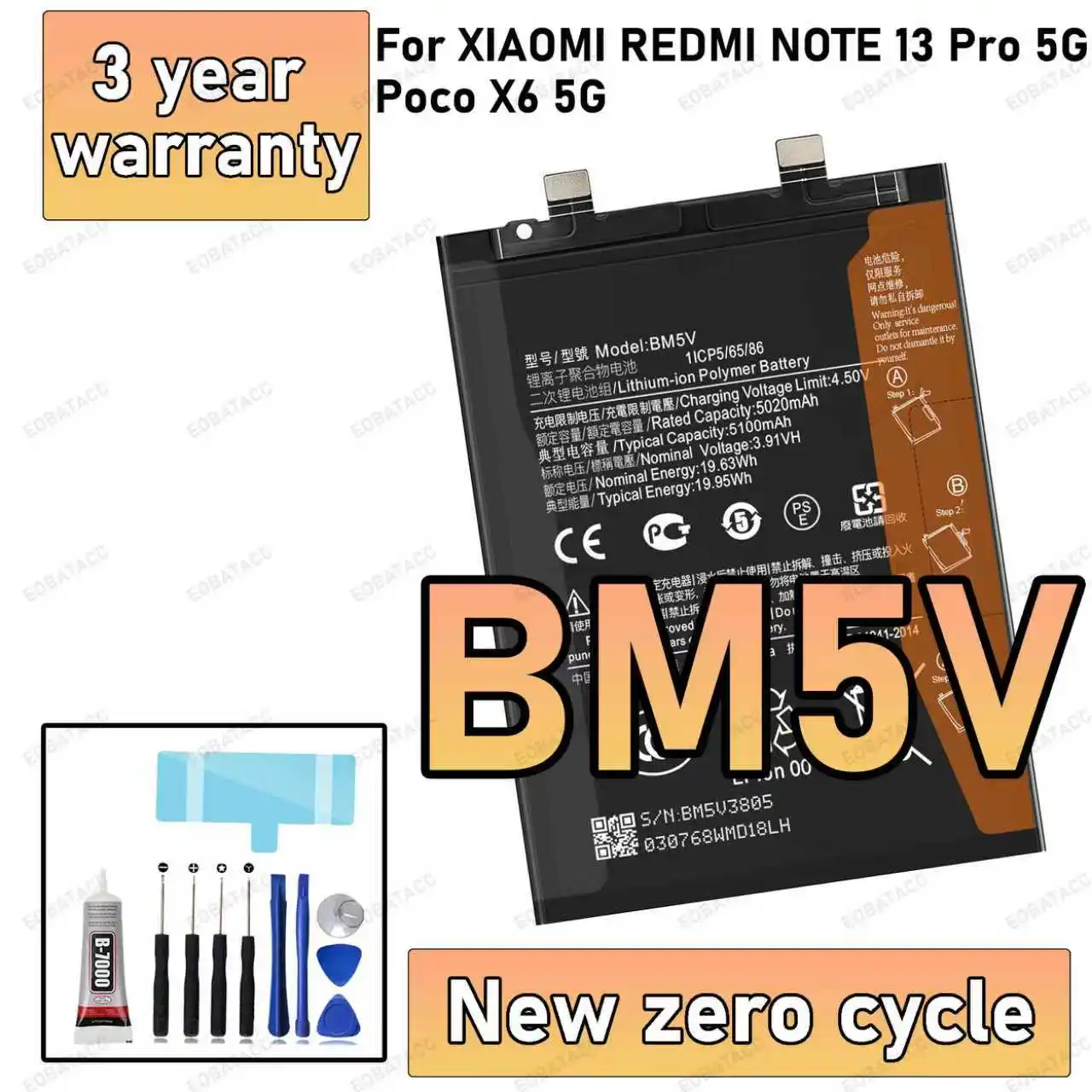 

100% New High Quanlity BM5V Battery For XIAOMI REDMI NOTE 13 PRO 5G/POCO X6 5G Replacement batteria+Free tools