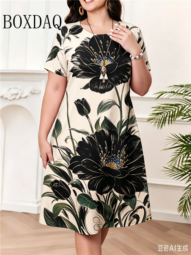 Dresses For Women 2026 New Summer Short Sleeve Plant Flowers Loose Dress Casual Floral Printed A-Line Dress Plus Size Clothing